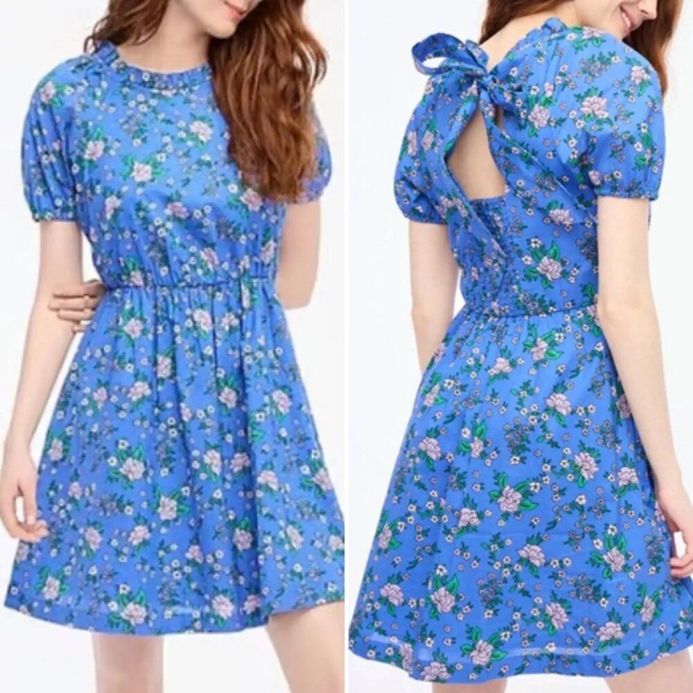 J. Crew Blue Puff Sleeve Tie-Back Mini Dress 100% Cotton Pockets S24, Size 10